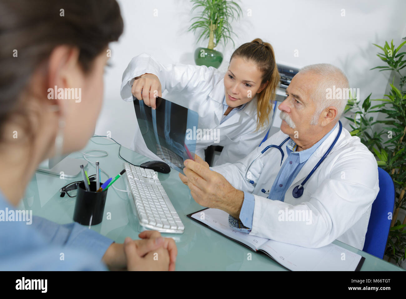 Two medical workers looking at xray Stock Photo