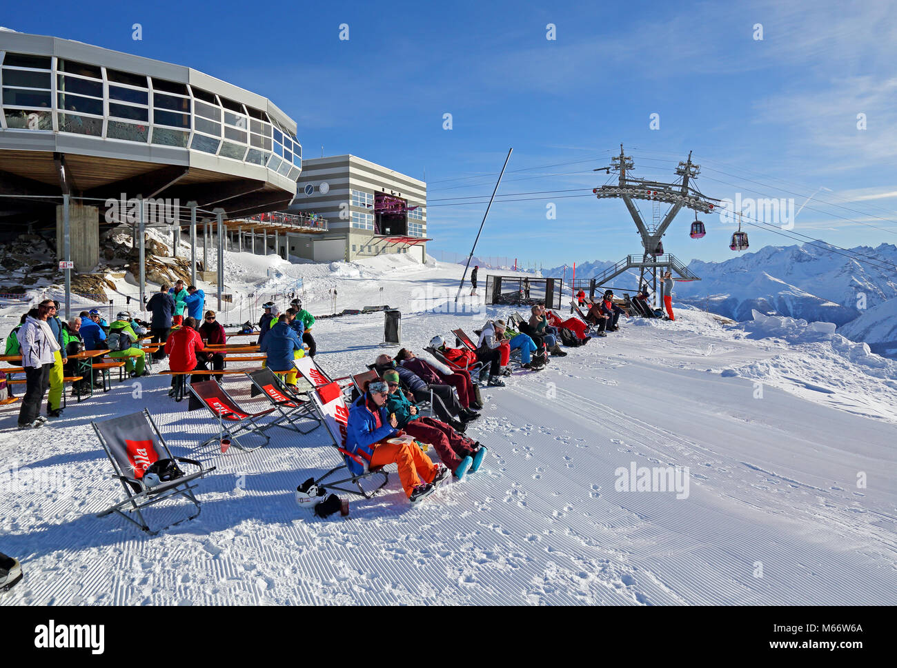 Mountain restaurant at the skiing area on the Bettmerhorn with sun terrace, Bettmeralp, Aletsch area, Upper Valais, Valais Stock Photo
