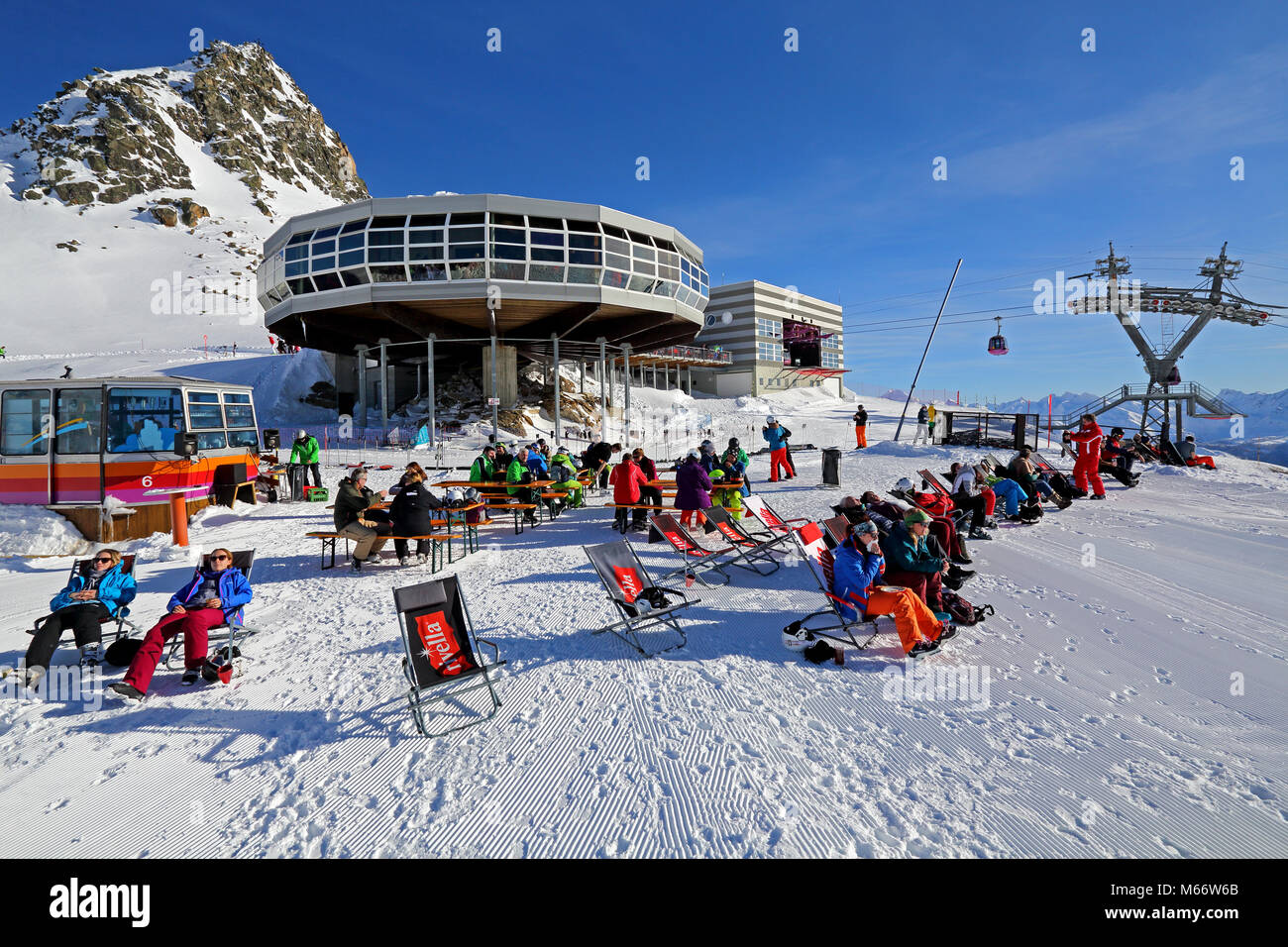 Mountain restaurant at the skiing area on the Bettmerhorn with sun terrace, Bettmeralp, Aletsch area, Upper Valais, Valais Stock Photo
