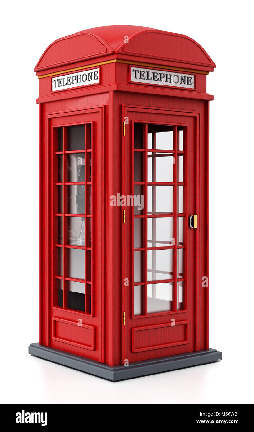 Red British phone booth isolated on white background. 3D illustration. Stock Photo