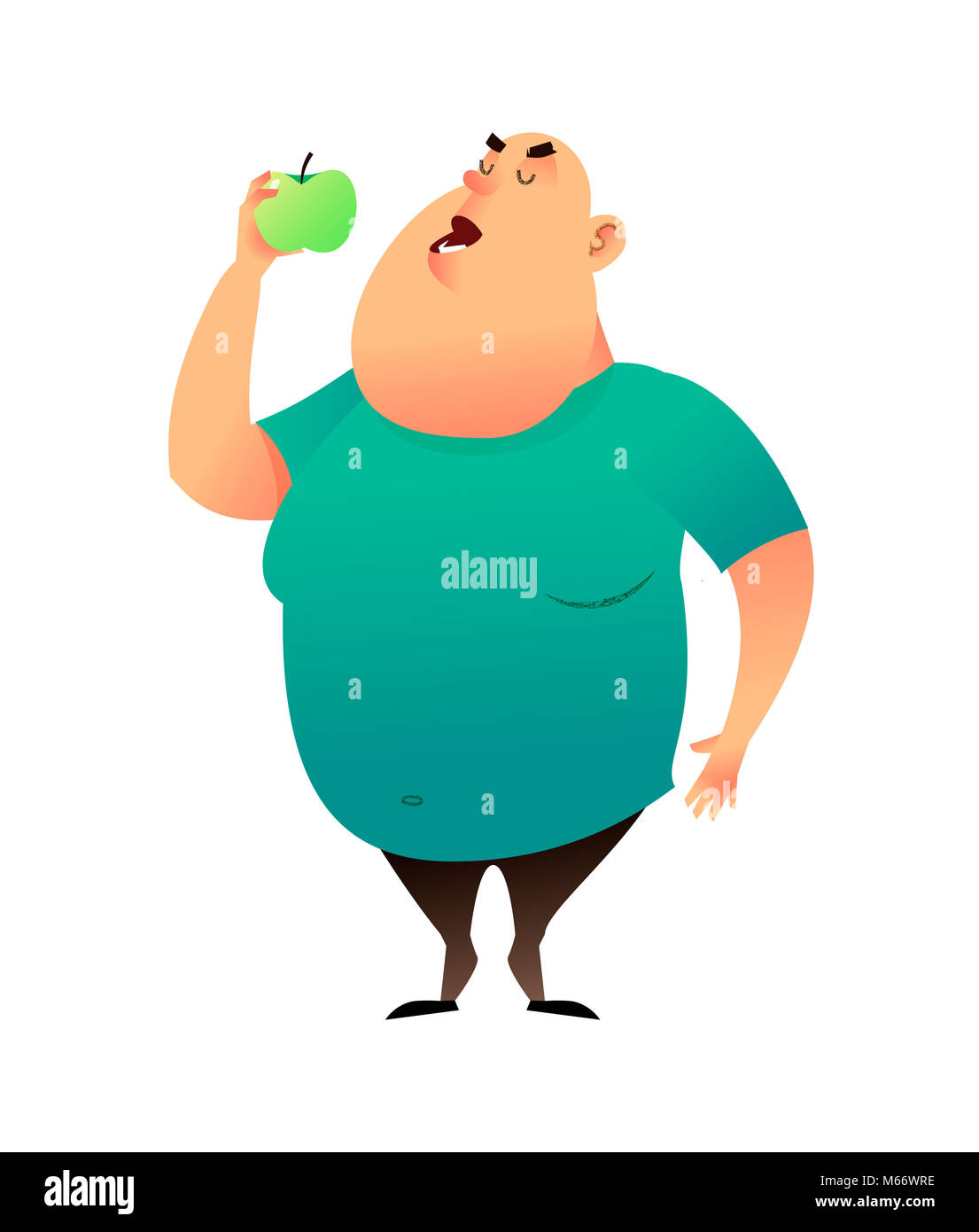 A fat man bites an apple. Useful habits and healthy eating concept. The fatty guy dreams of losing weight and chooses a healthy diet. Healthy lifestyle and proper nutrition lifestyle. Stock Photo