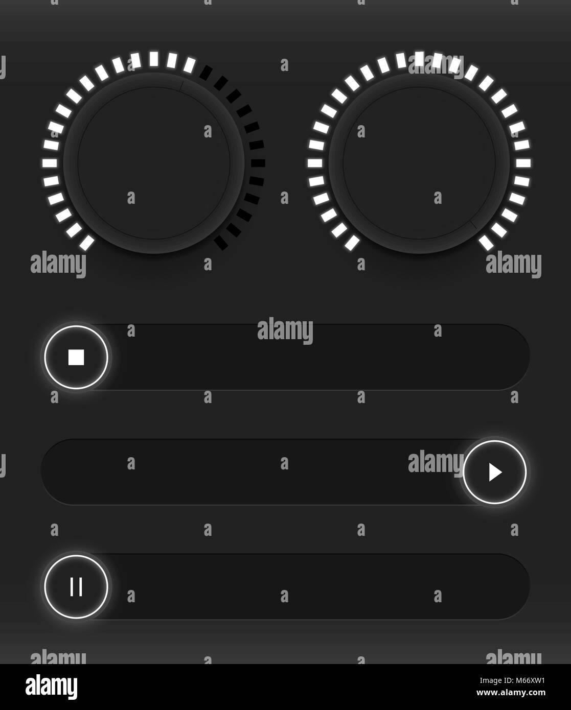 Set of buttons and sliders. Luminous, neon control user interface. Sound management. White sliders turn on, off and pause. Vector illustration Stock Vector