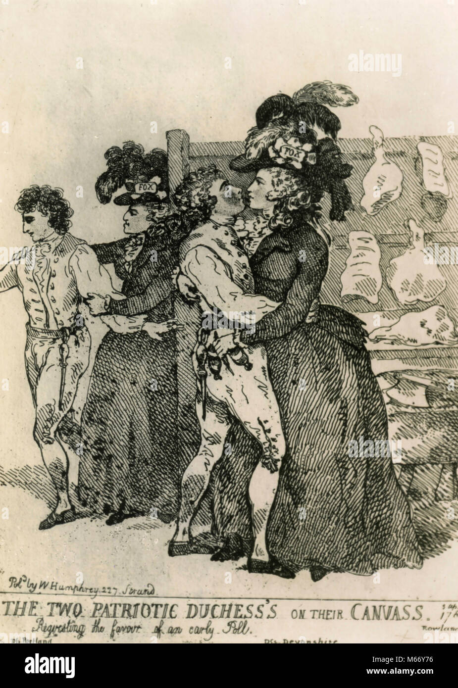 Cartoon showing the Duchess of Devonshire kissing the butcher boy, UK 1780s Stock Photo