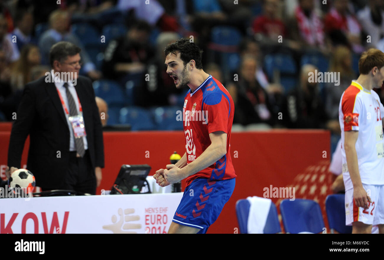 CRACOV, POLAND - JANUARY 19, 2016: Men's EHF European Handball Federation EURO 2016 Krakow Tauron Arena Macedonia Serbia o/p: Petar Nenadic Stock Photo
