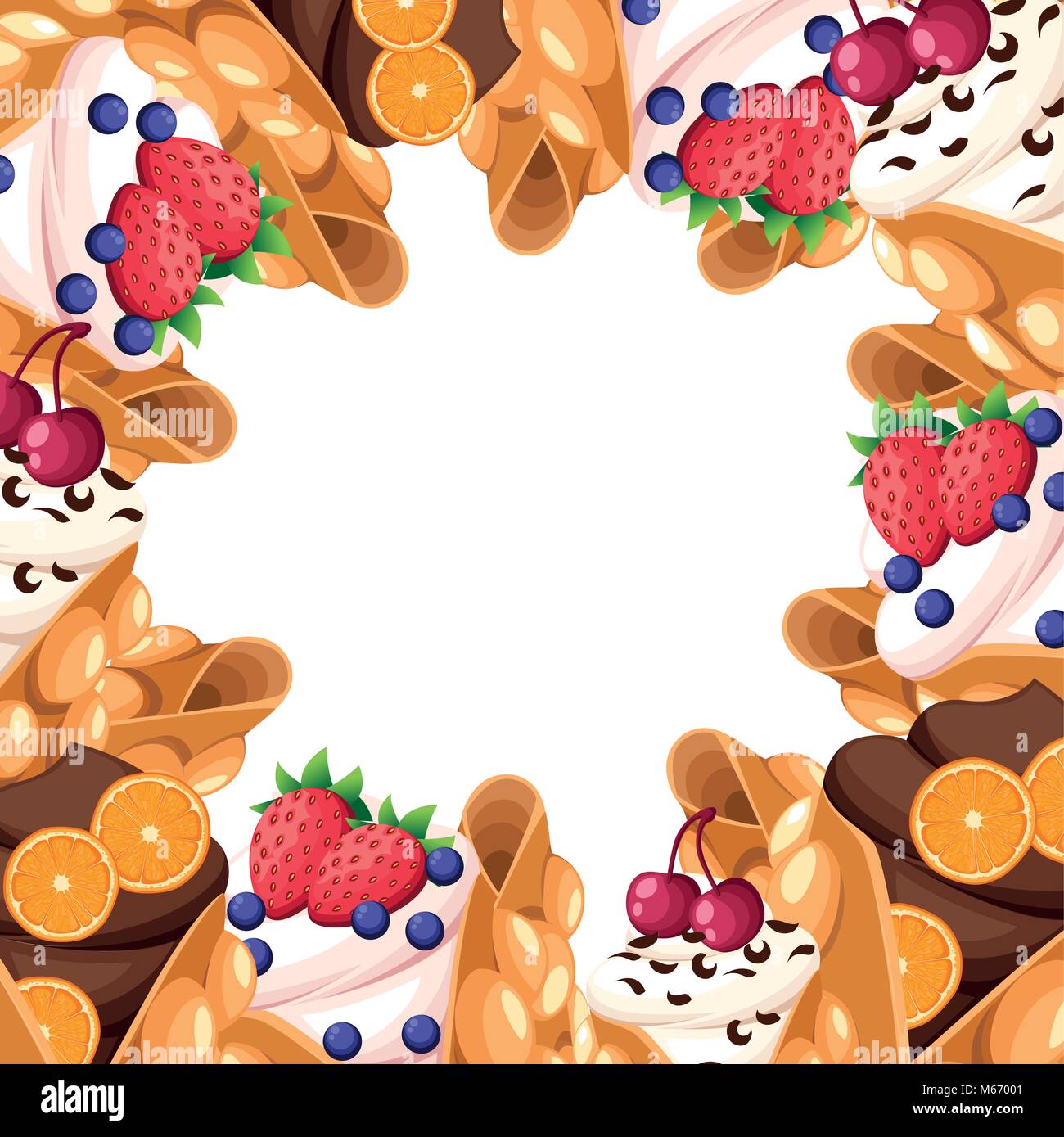 Pattern of Hong Kong waffle with cherry strawberry orange and whipped or chocolate cream egg waffle dessert vector illustration isolated on white background website page and mobile app design Stock Vector
