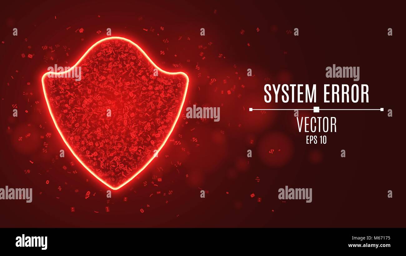 A glowing red shield of programming symbols. System error. High-tech ...