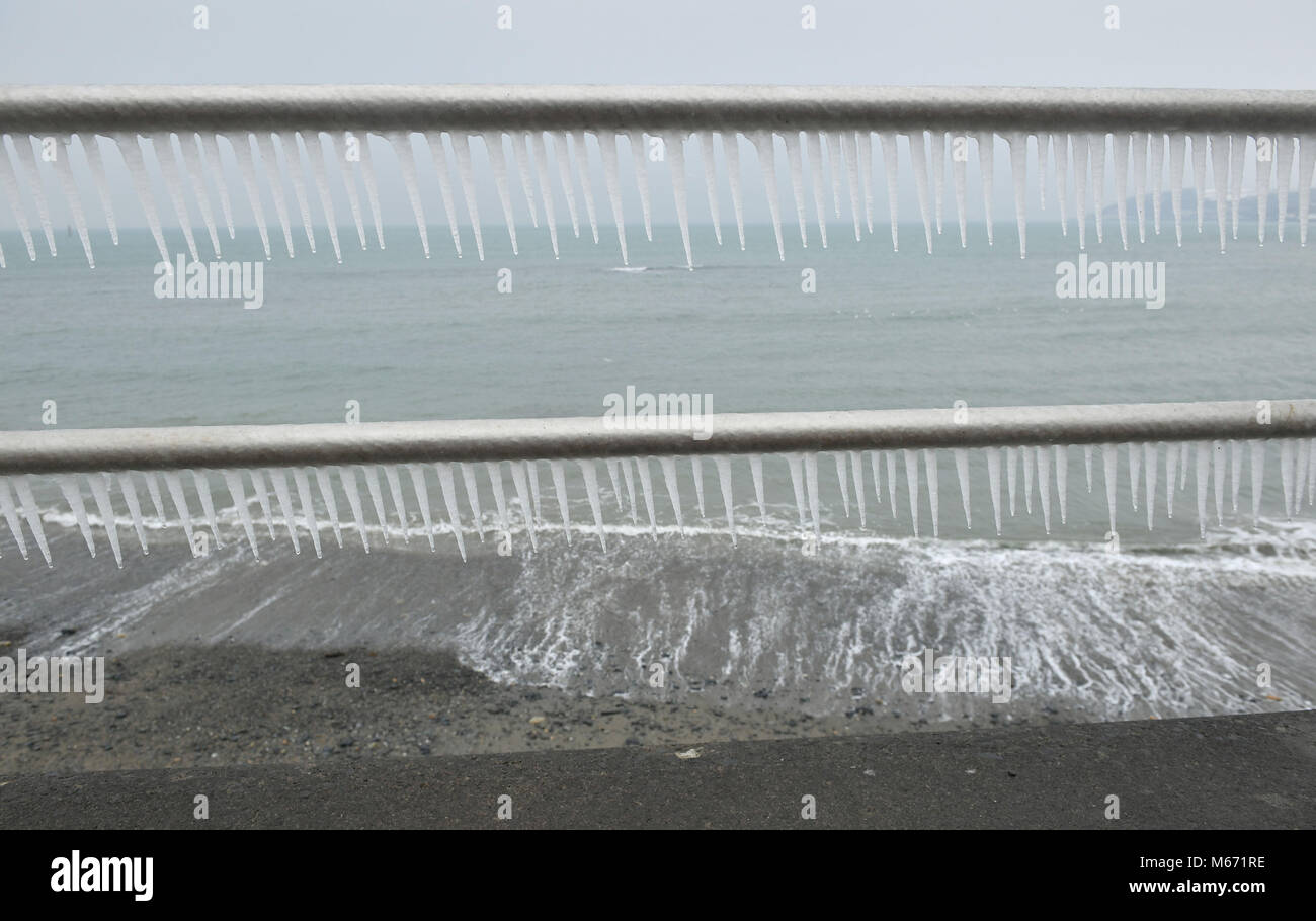 Icicles form on seafront railings penzance hi-res stock photography and ...