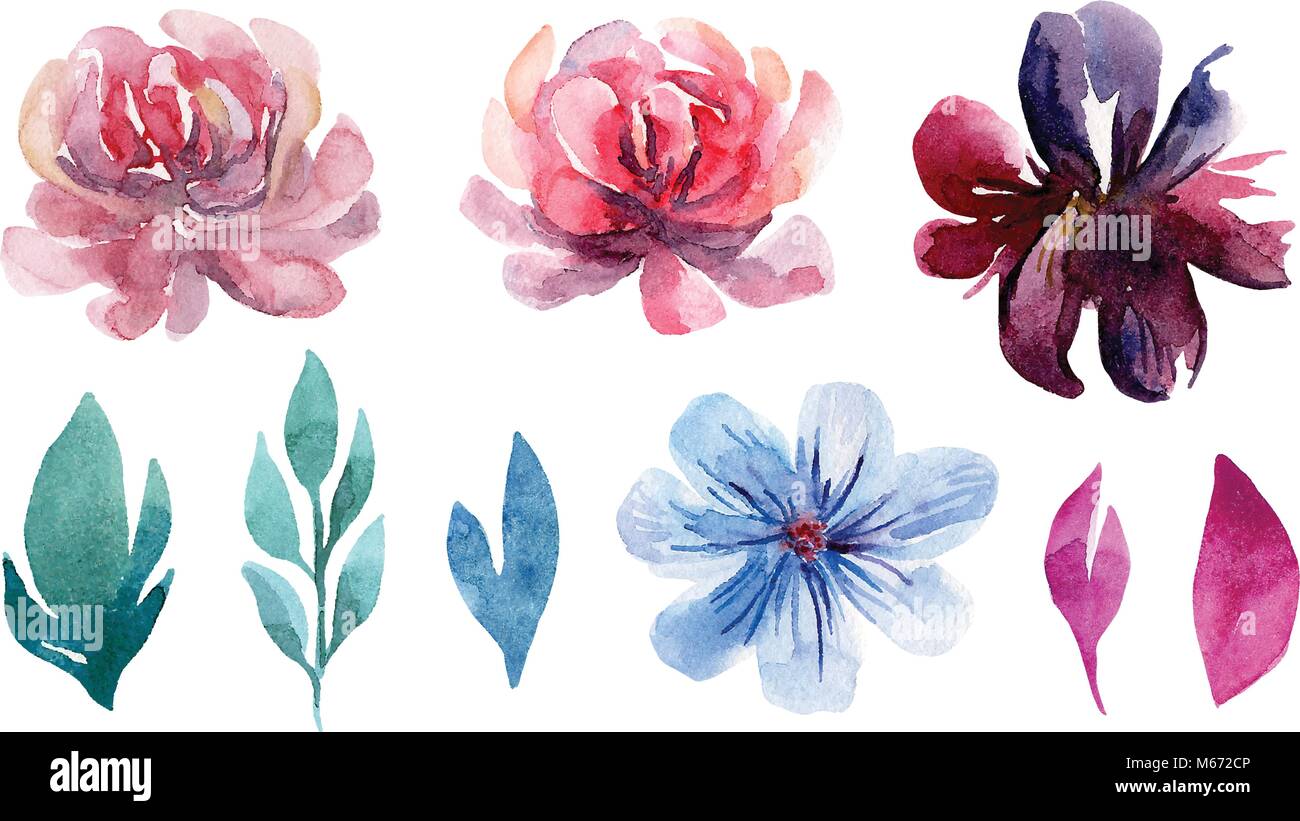 Watercolor floral vector clip art set. Pink flowers painted illustration collection Stock Vector