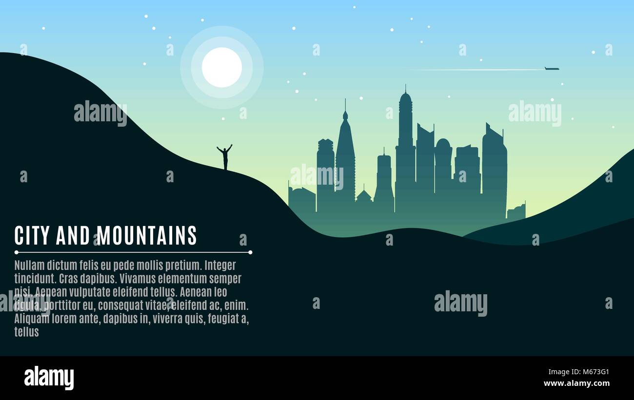 Landscape on the hilly mountains and the big morning city. The traveler waves his hands. A place for your projects. Vector illustration in a flat styl Stock Vector
