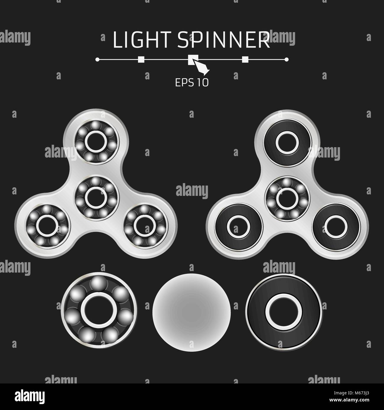 Realistic silver spinner on a black background. Disassembled bearings and details. Modern antistress toy for fingers. Vector illustration. EPS 10 Stock Vector