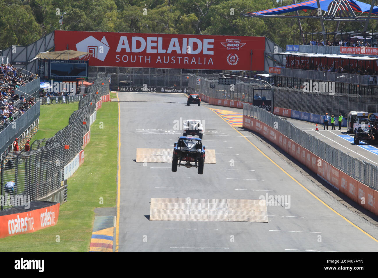 Adelaide Australia 1st March 2018. 650 horsepower Stadium Trucks race over ramps circuit,