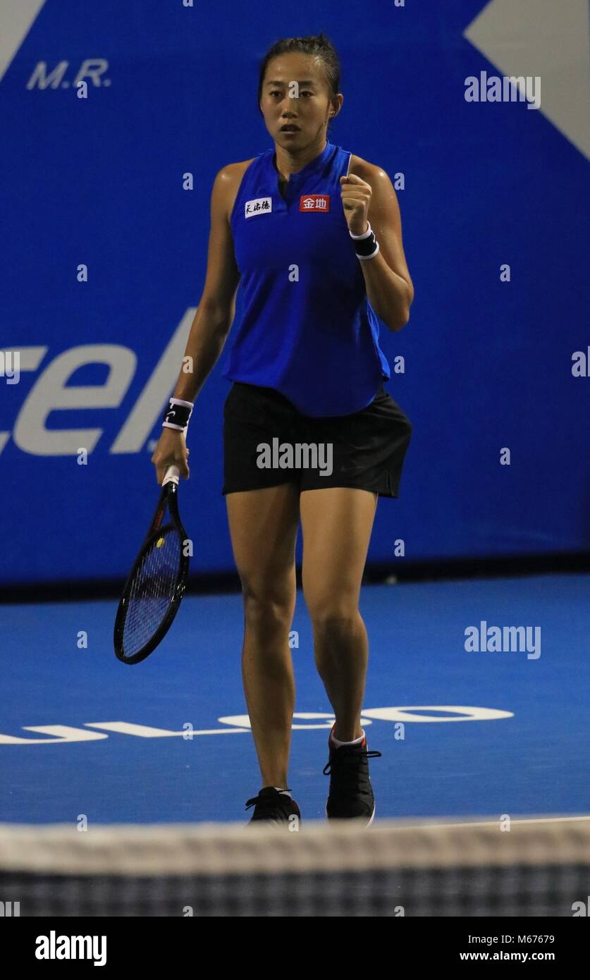 Guerrero, Mexico. 28th Feb, 2018. China's Zhang Shuai celebrates during the second round match aganist Switzerland's Jil Teichmann at the Mexican Open tennis tournament, in Acapulco of Guerrero state, Mexico, on Feb. 28, 2018. Zhang Shuai won 2-0. Credit: David Guzman/Xinhua/Alamy Live News Stock Photo