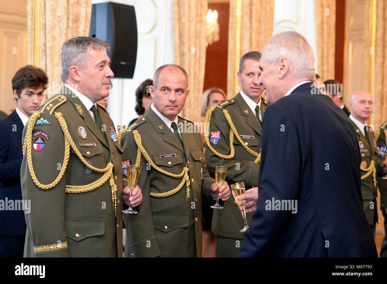***FILE PHOTO*** Ales Opata (left) will be the new Czech chief-of-staff as of May 1, 2018, Defence Minister Karla Slechtova (for ANO) announced on Thursday, March 1, 2018, adding that she will propose the dismissal of the current chief-of-staff, Josef Becvar, to the cabinet meeting next Thursday. On the right side of the photo is seen Czech President Milos Zeman, during the appointment of new generals on the occasion of the national holiday at the Prague Castle. (CTK Photo/Katerina Sulova) Stock Photo