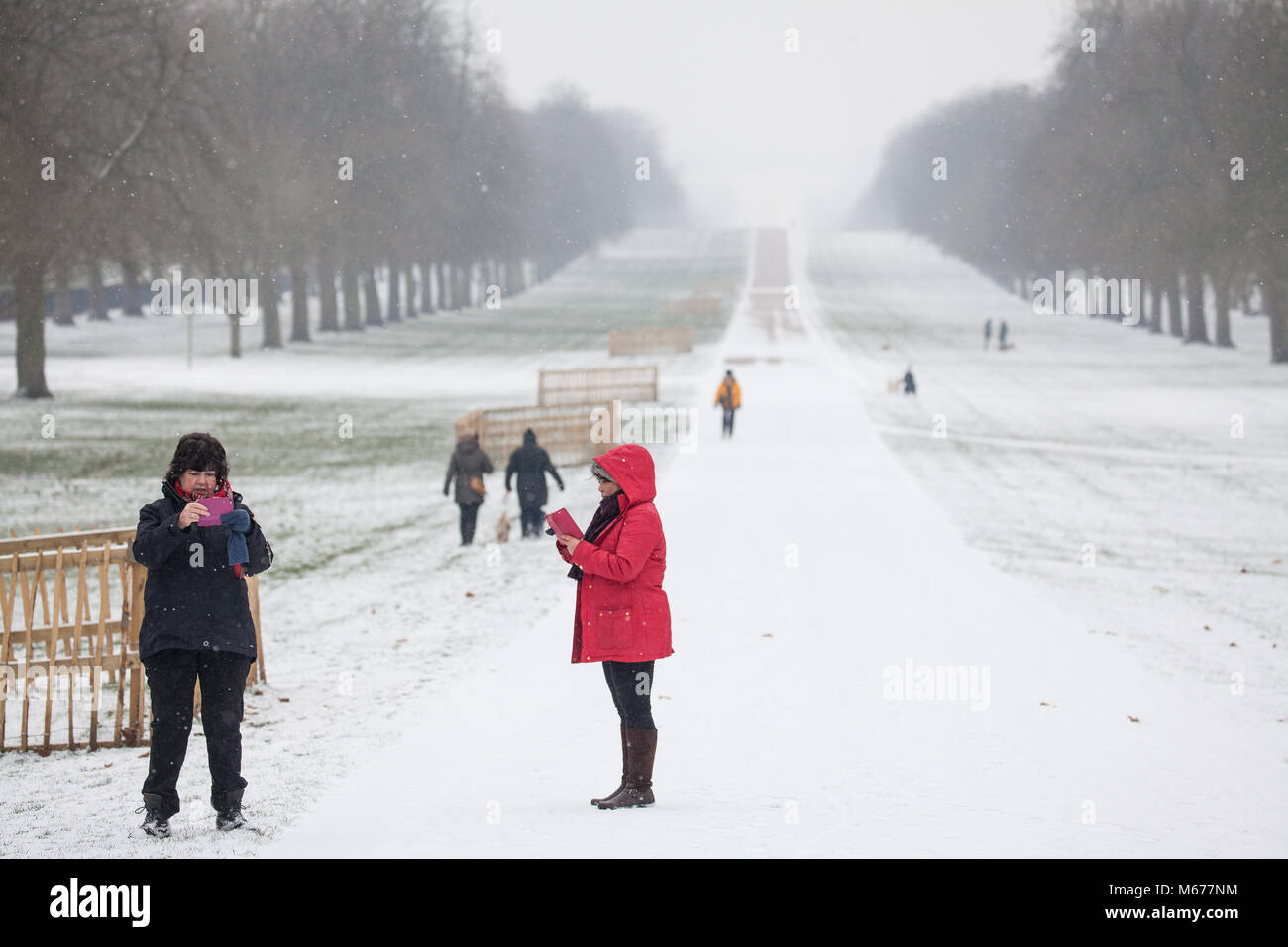 Windsor, UK. 1st March, 2018. UK Weather: Snow lies on the ground on the Long Walk in front of Windsor Castle in Windsor Great Park. Local residents awoke to an overnight snowfall in Windsor, Berkshire, and have been warned to expect more snow from noon. Credit: Mark Kerrison/Alamy Live News Stock Photo