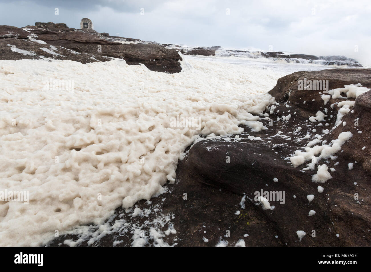 Sea foam on the coast of Northumberland, caused by sea water agitation combined with organic matter. Stock Photo