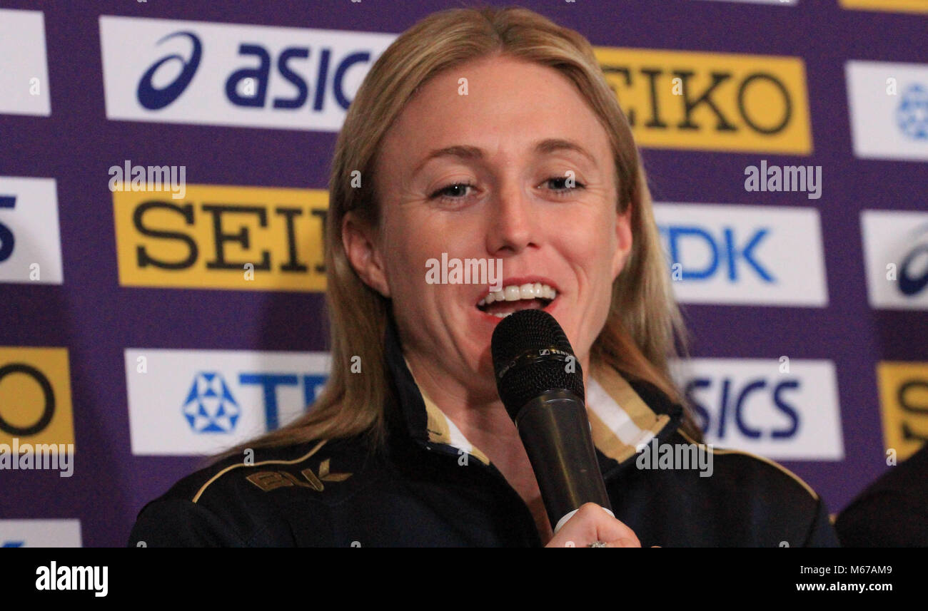 Birmingham, UK. 1st March, 2018. Sally PEARSON (AUSTRALIA)  speaks to the press during the opening Press Conference at the World Indoor Championships in Birmingham, England. Credit: Ben Booth/Alamy Live News Stock Photo