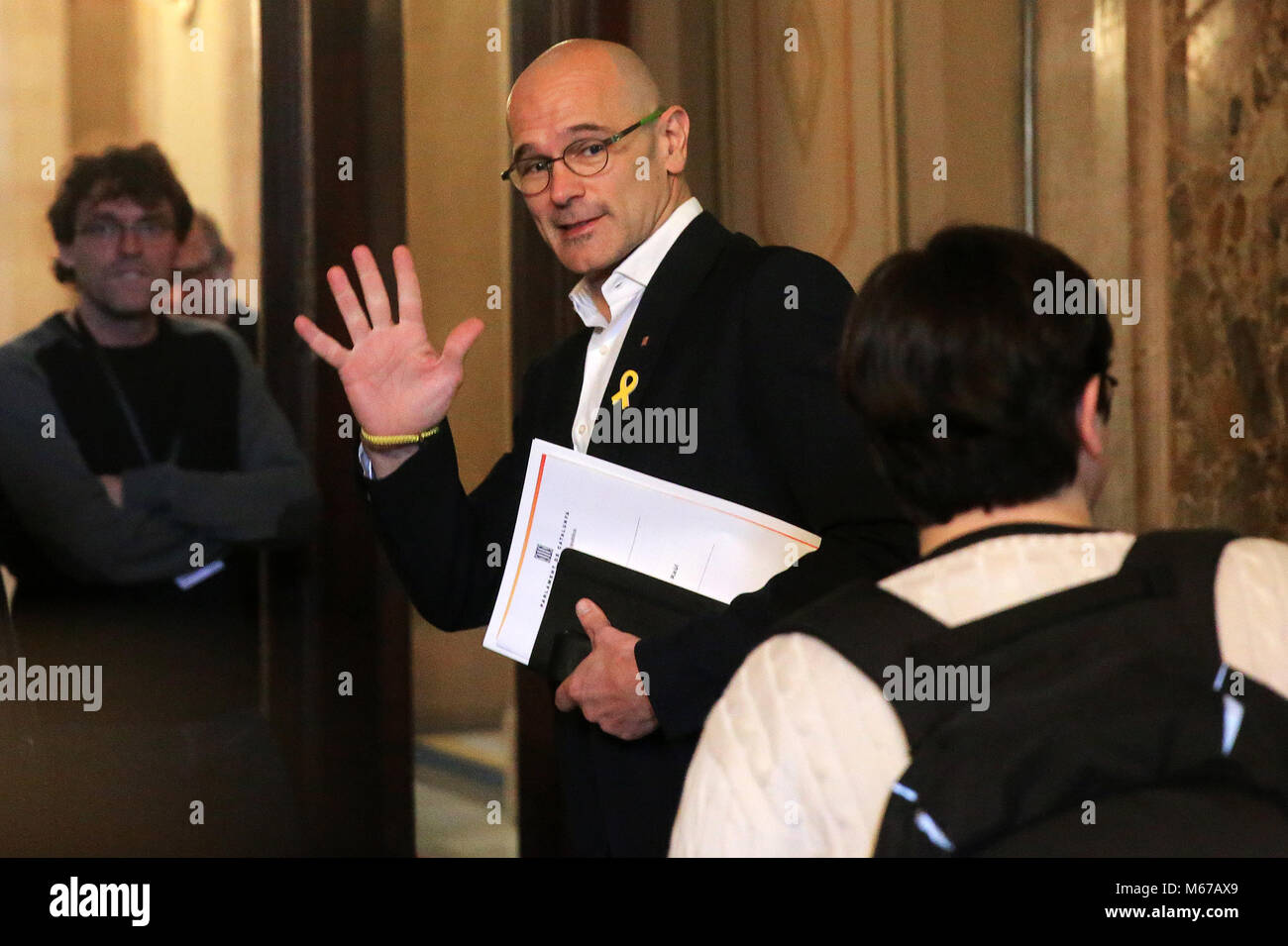 Barcelona, Spain. 01st Mar, 2018. Raul Romeva, from Junts pel Si, entering in the plenary session of the Parliament of Catalonia, on 01th March 2018, in Barcelona, Spain. Credit: Gtres Información más Comuniación on line, S.L./Alamy Live News Stock Photo