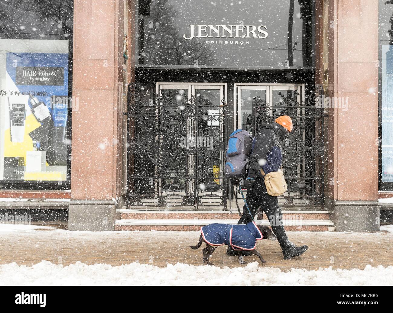 Edinburgh, Scotland, UK. 1st March, 2018. The Beast from the East, Storm Emma hit Edinburgh overnight and has left transport links decimated and many of the shops on the famous Princes Street closed for the day.  Pictured:  The department store Jenners was unable to open due to the bad weather Credit: Rich Dyson/Alamy Live News Stock Photo