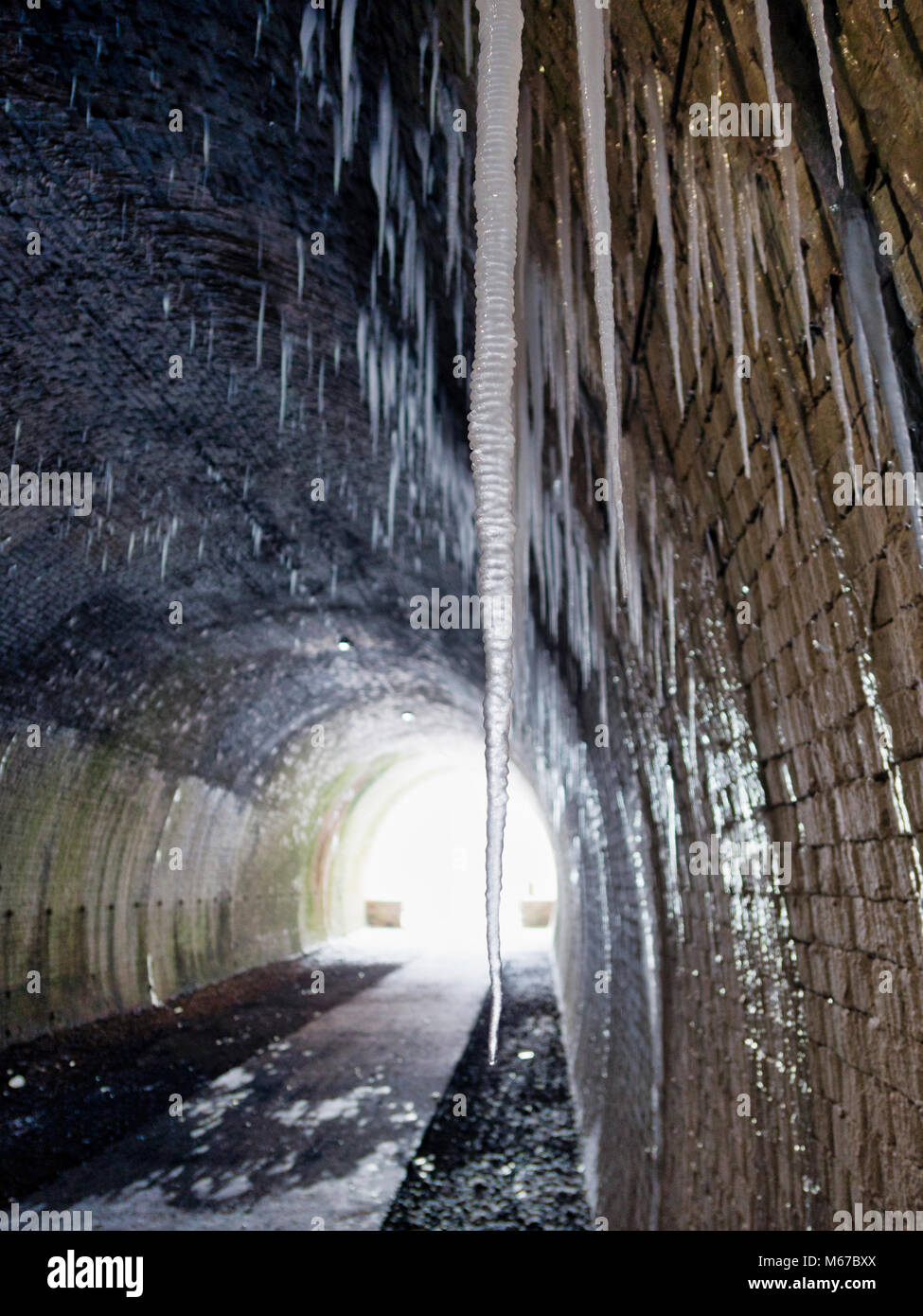 Peak District National Park, Derbyshire, UK. 1st March, 2018. UK Weather: Cold Beast From the East conditions produces six foot long icicles inside the frozen Ashbourne Tunnel on the Tissington Trail railway walk in the Peak District National Park, Derbyshire, England, UK Credit: Doug Blane/Alamy Live News Stock Photo