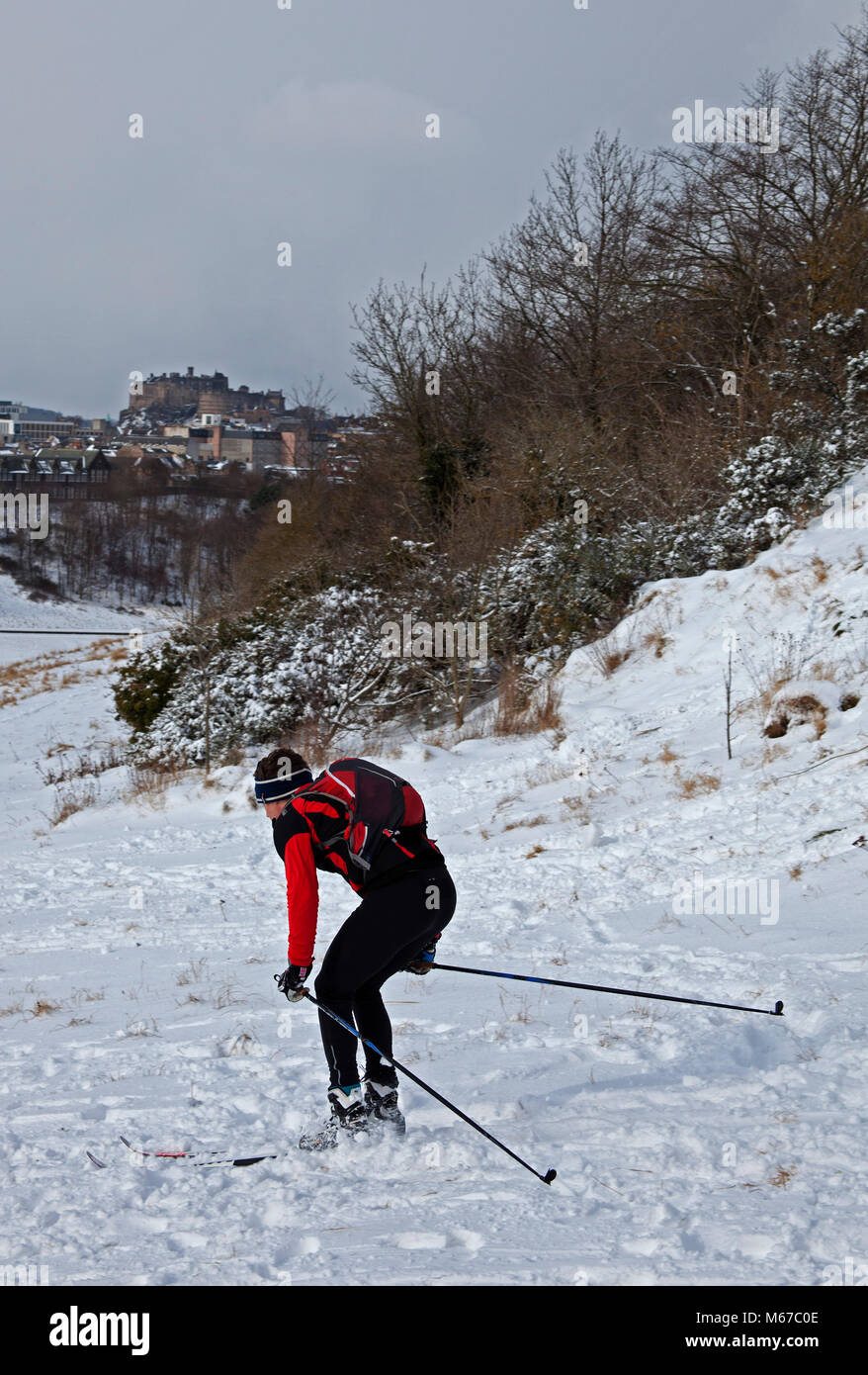 Edinburgh, Holyrood Park, Scotland, 1st March 2018, UK weather young and old enjoying sledging
