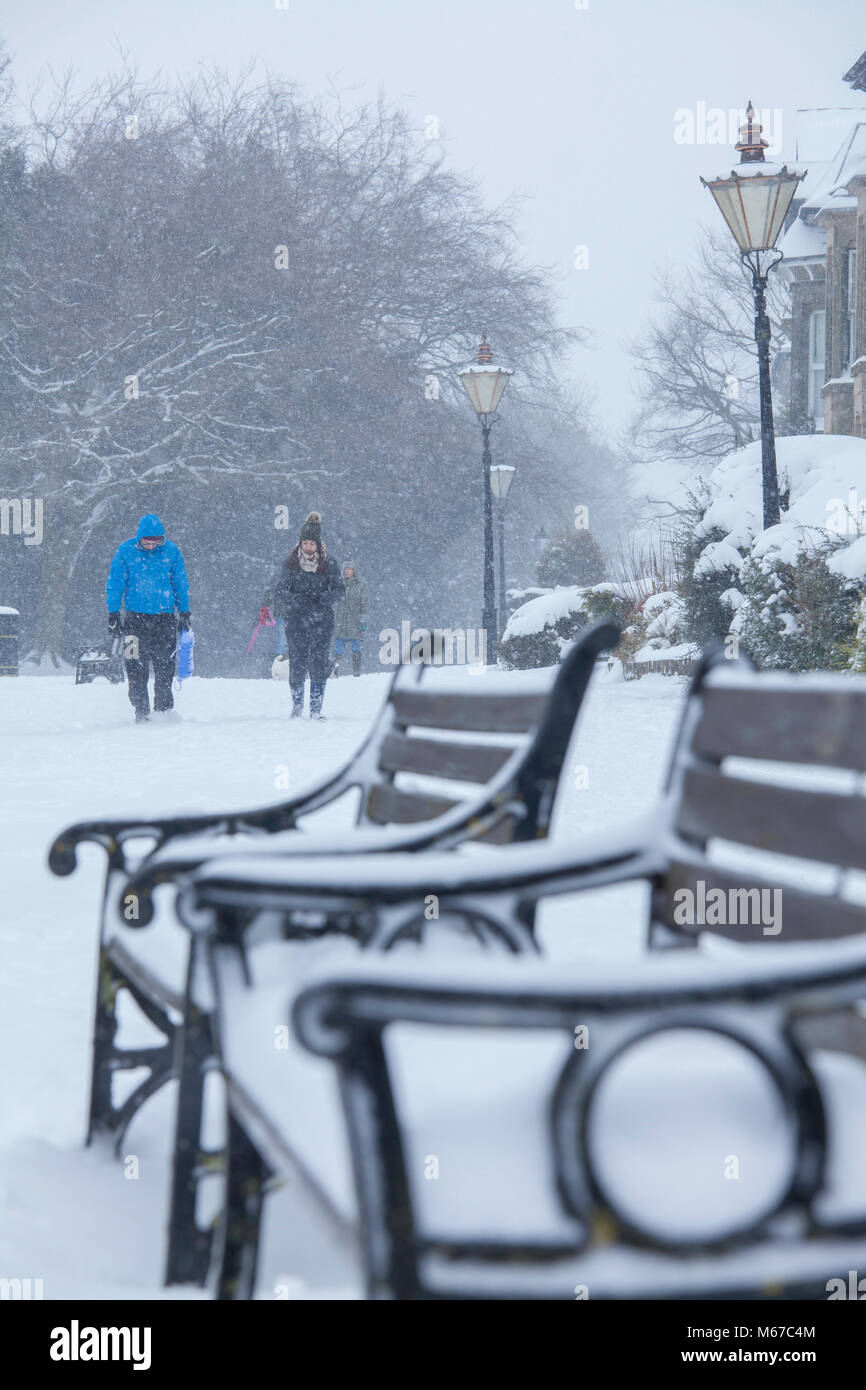 The storm dubbed The Beast from the East, with sub-zero temperatures and gusts of 50mph hits Buxton in Derbyshire..1st March 2018 Stock Photo