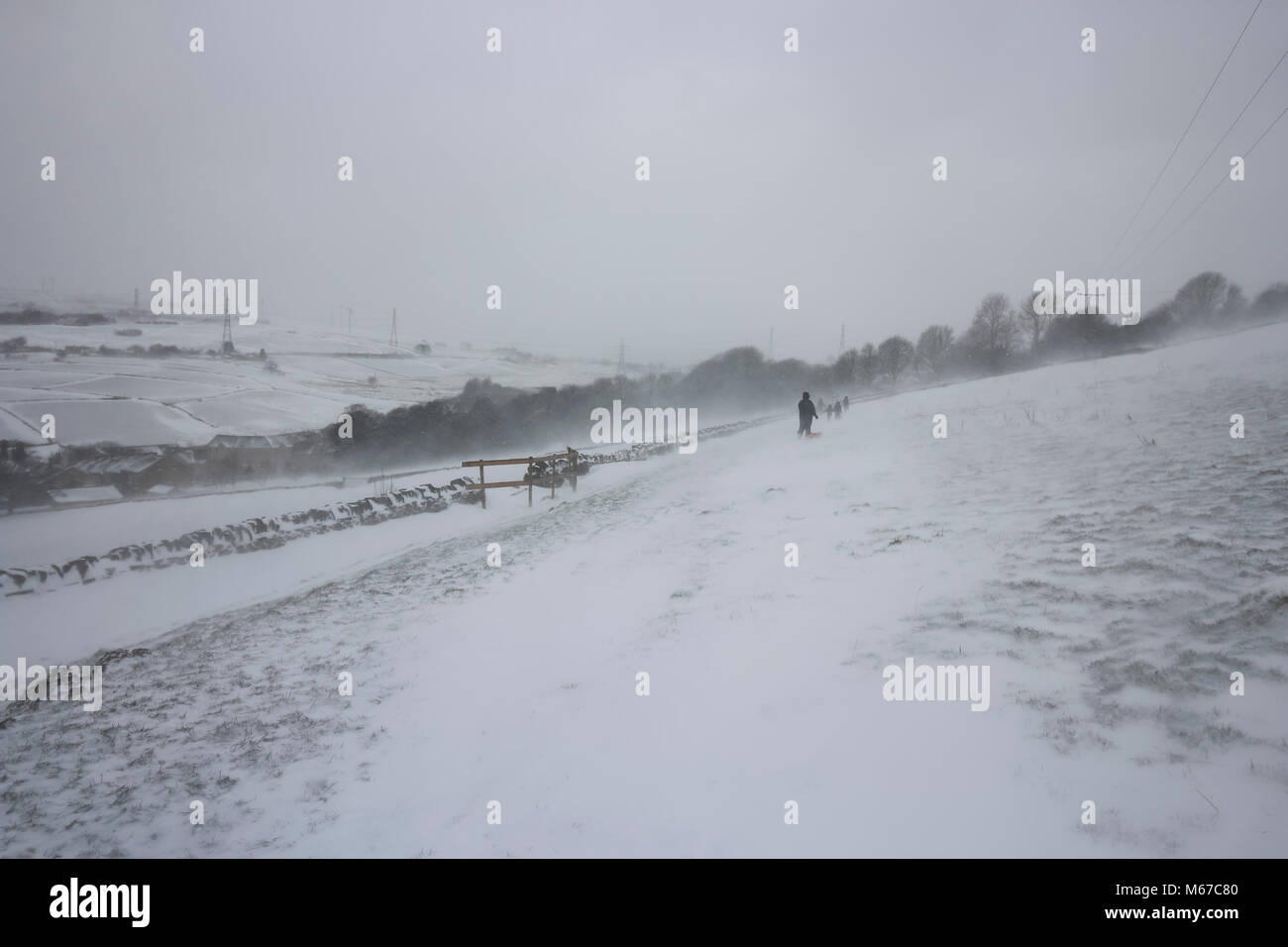 Thornton, West Yorkshire. 1st Mar, 2018. UK Weather Snow being blown