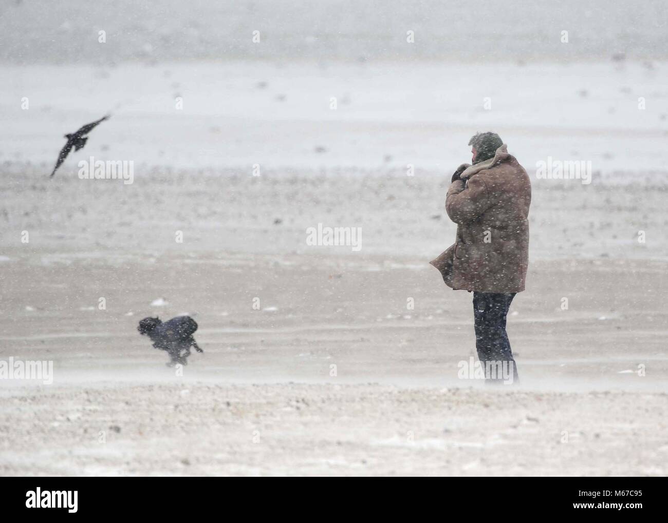 Snow on Weymouth Beach, Dorset, UK Credit: Finnbarr Webster/Alamy Live News Stock Photo