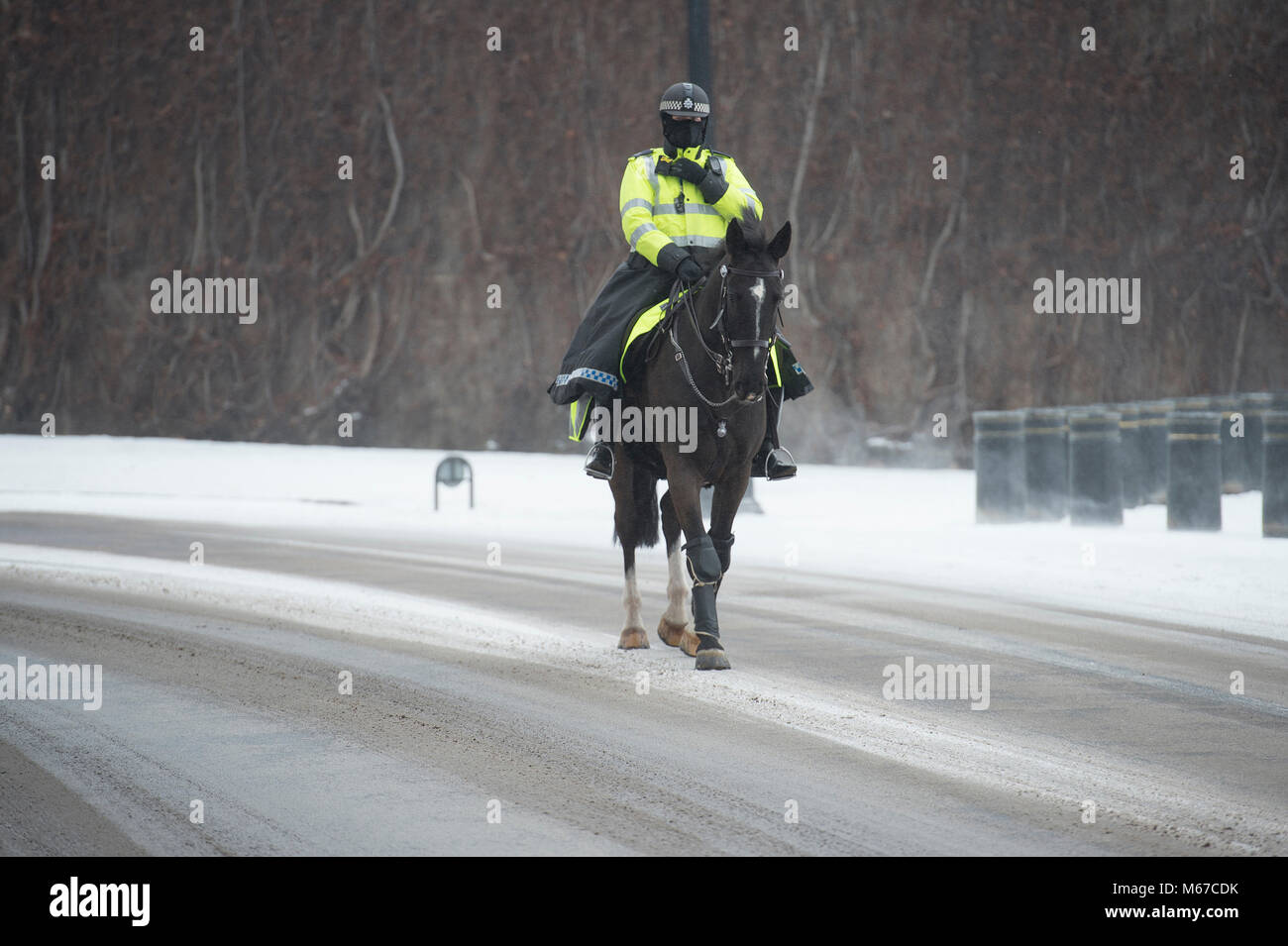 Horse Guards, London, UK. 1 March 2018. After overnight snow continuing into morning rush-hour, an Arctic wind empties London’s tourist haunts. Mounted police officer rides through wind blown snow ahead of the Changing the Guard troop. Credit: Malcolm Park/Alamy Live News. Stock Photo