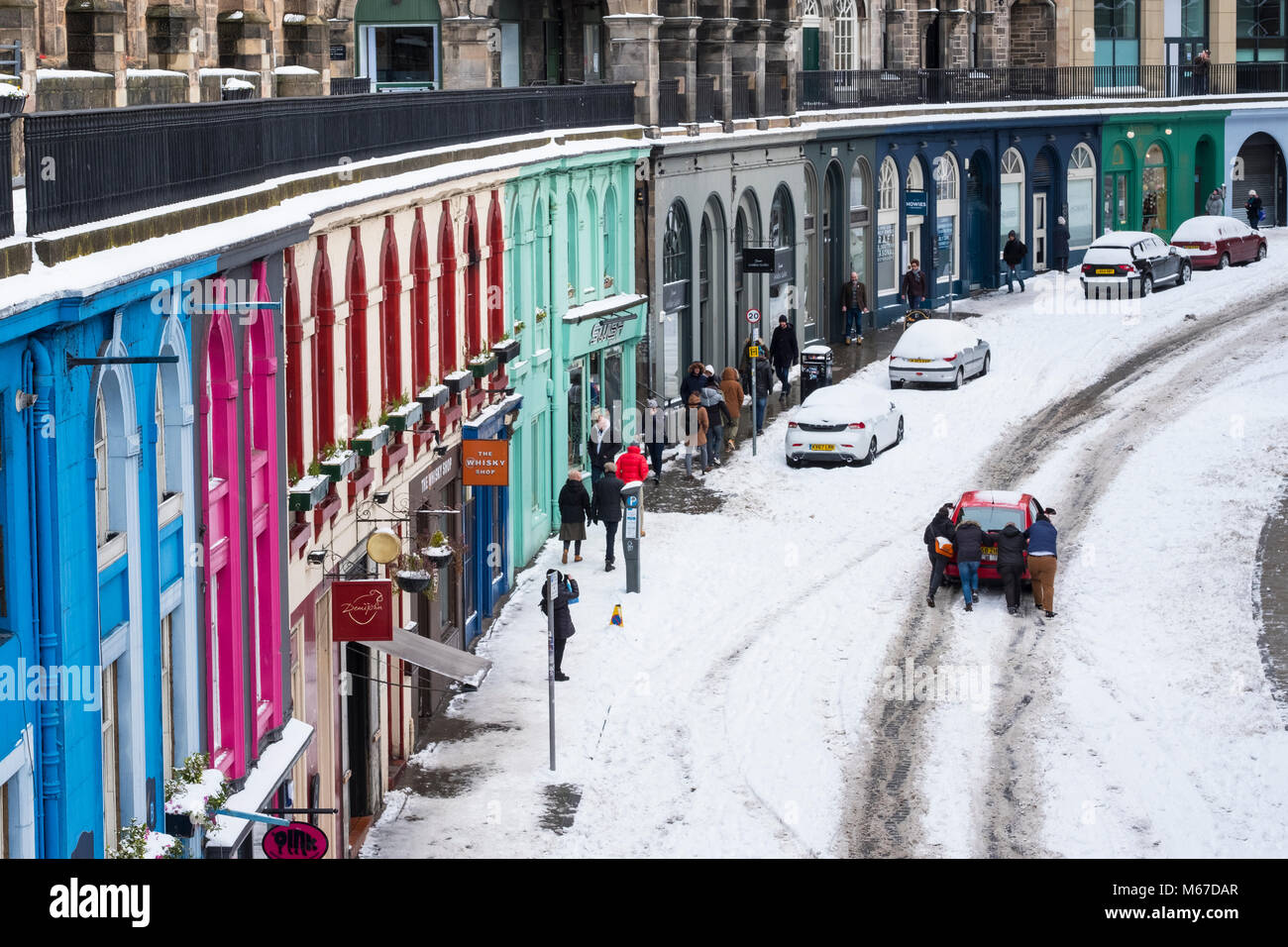 Edinburgh, Scotland, United Kingdom, 1 March, 2018. Heavy snowfalls continue across the city from the storm known as The Beast from the East. Most shops are closed and transport services have been cancelled. Pictured,, Historic Victoria Street covered in snow. Credit: Iain Masterton/Alamy Live News Stock Photo