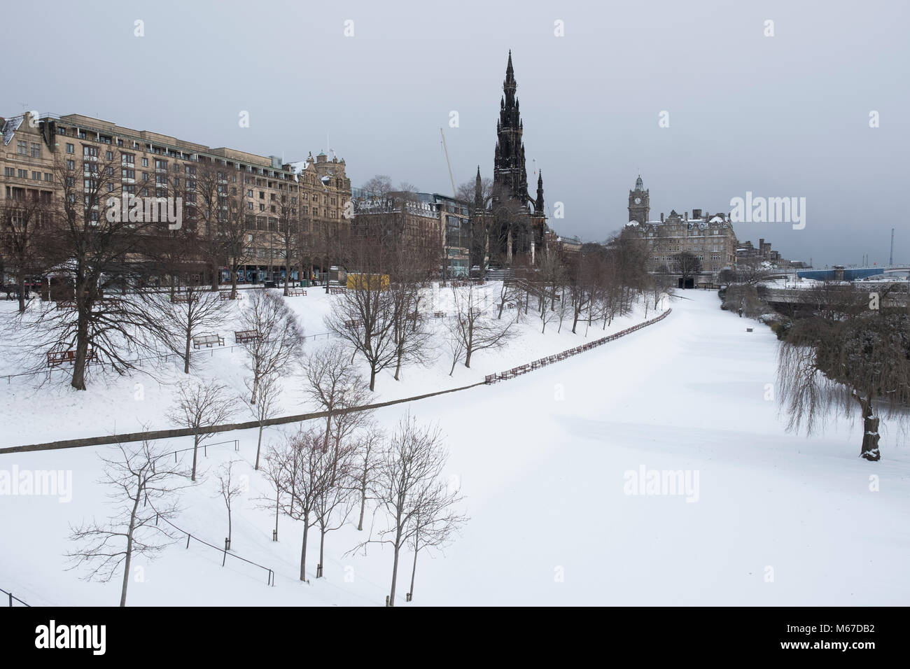Edinburgh, Scotland, United Kingdom, 1 March, 2018. Heavy snowfalls continue across the city from the storm known as The Beast from the East. Most shops are closed and transport services have been cancelled. Pictured; Princes Street Gardens closed to the public leaving snow pristine. Credit: Iain Masterton/Alamy Live News Stock Photo