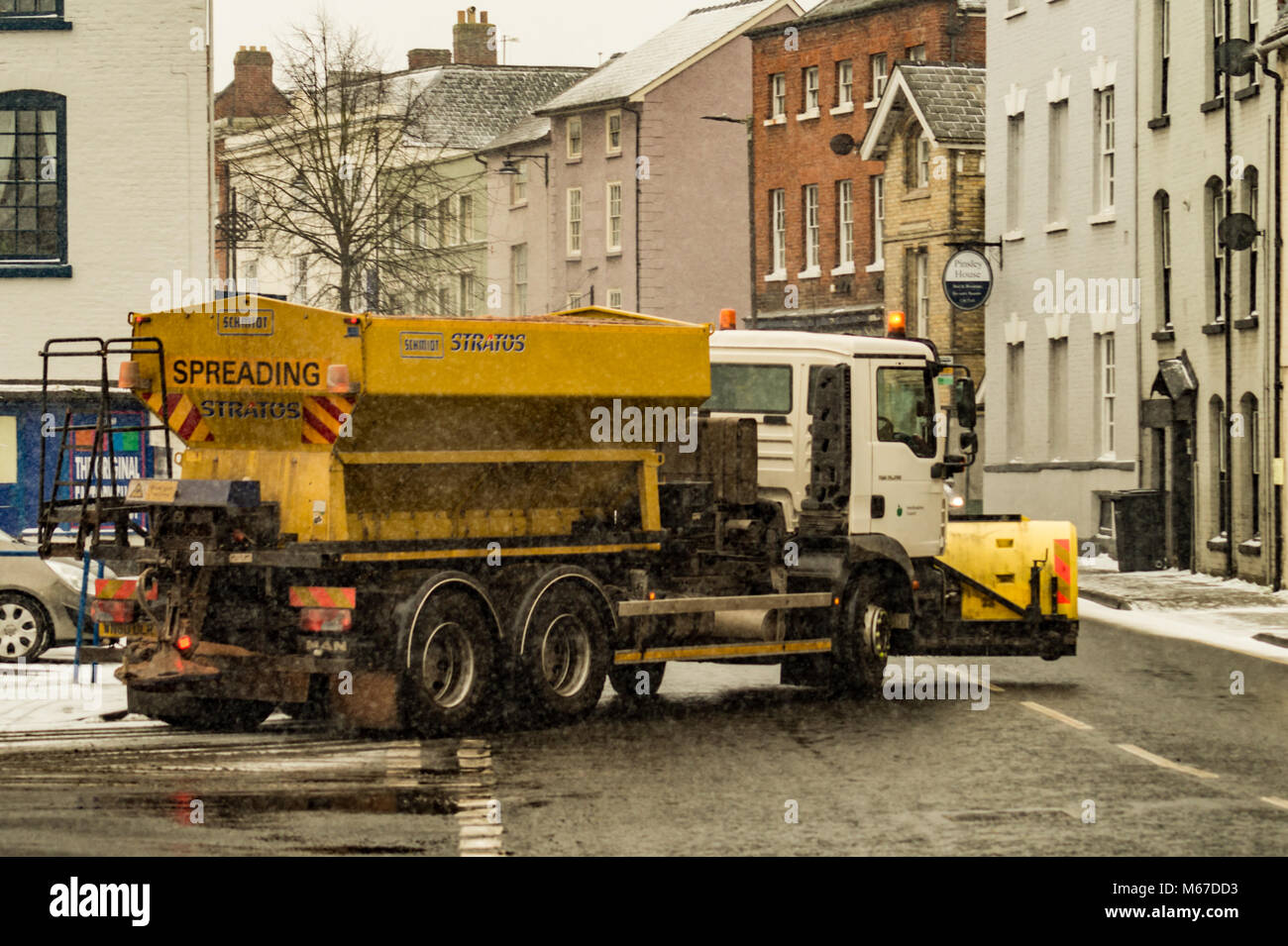 Leominster, UK. 1st Mar, 2018. UK Weather A gritting lorry is seen in