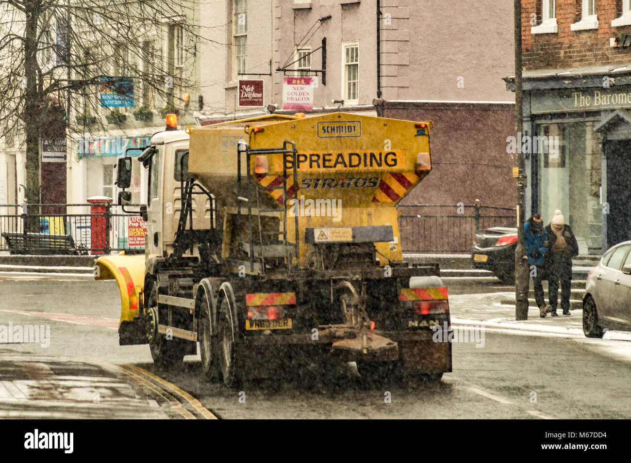 Leominster, UK. 1st Mar, 2018. UK Weather A gritting lorry is seen in