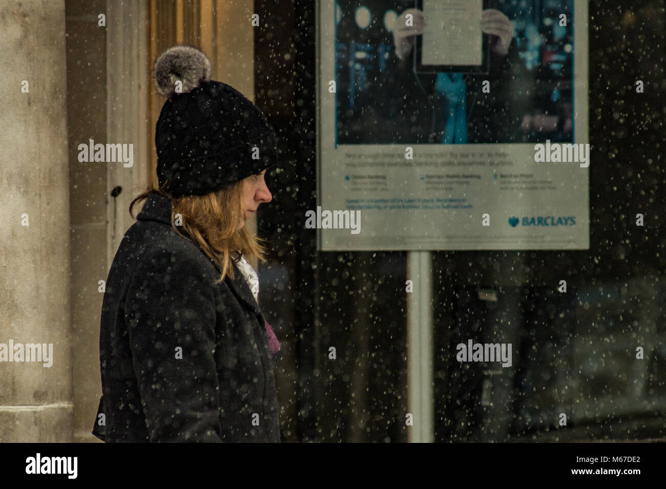 Leominster, UK. 1st Mar, 2018. UK Weather A woman wearing a fur effect