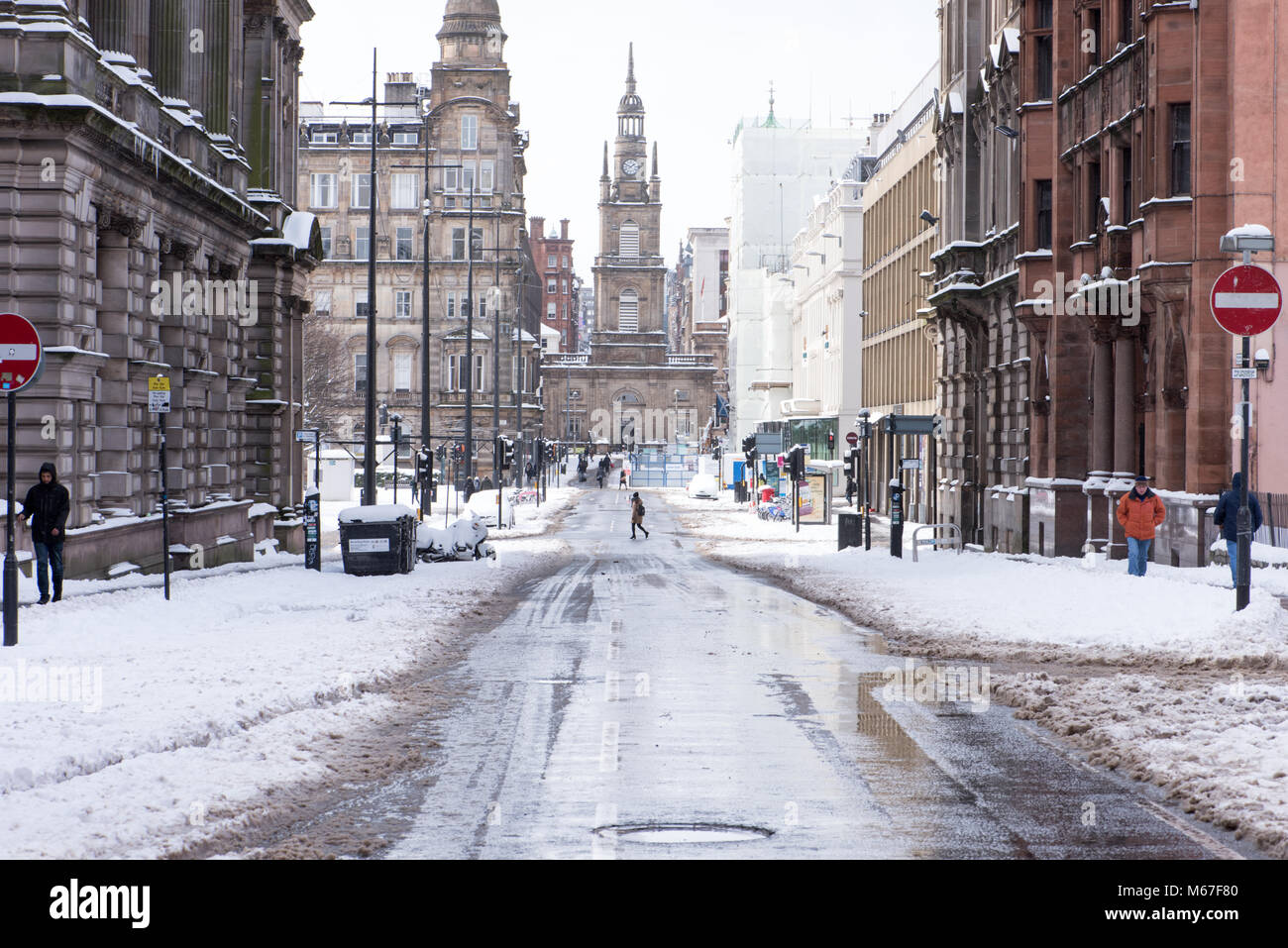 Glasgow, Scotland, UK. 1st March, 2018. Quiet street in Glasgow city centre as Beast from the East batters Scotland Credit: Tony Clerkson/Alamy Live News Stock Photo