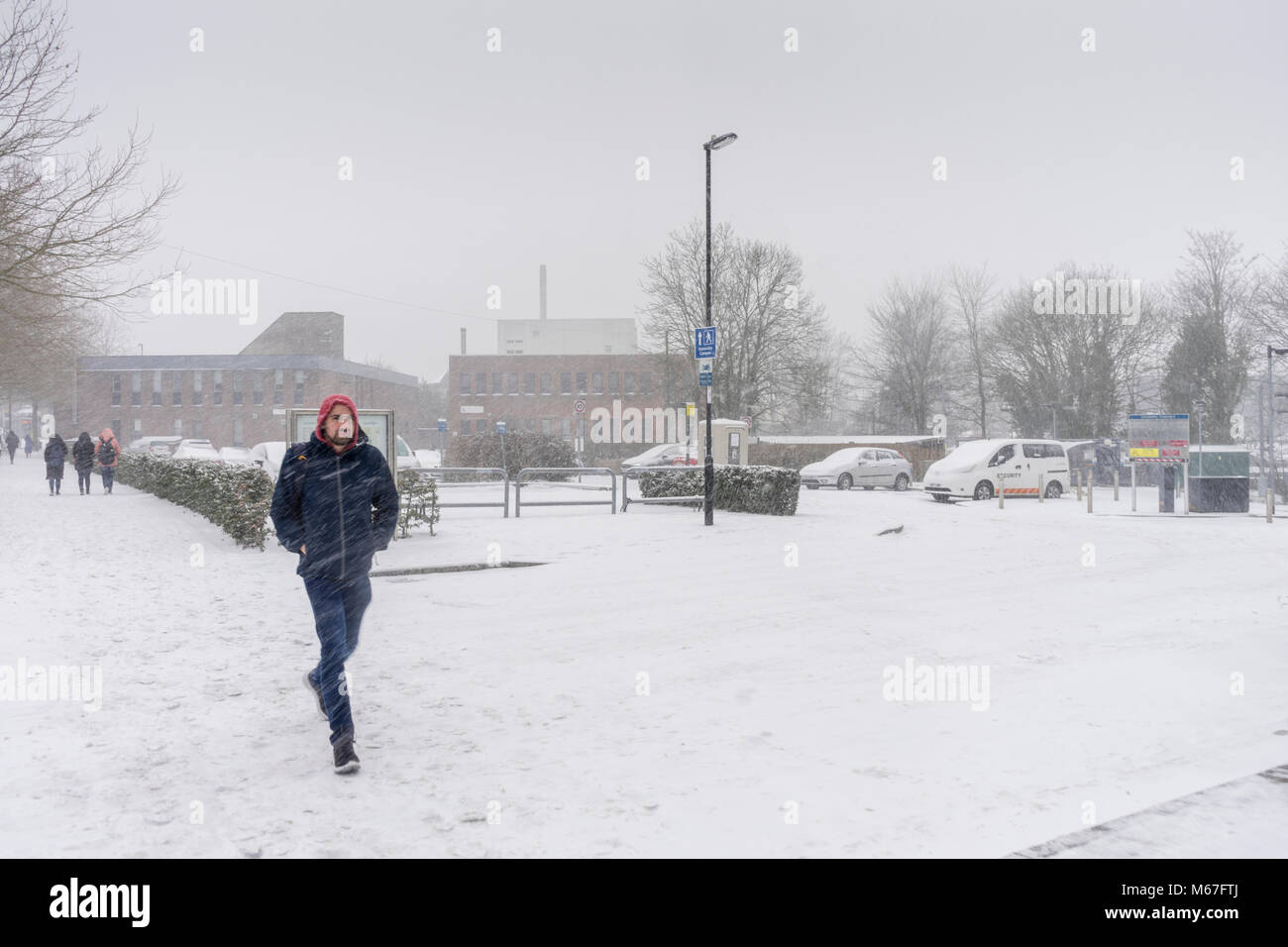 Southampton, UK. 1st of March 2018. Heavy snow has caused the University of Southampton (England, UK) to shut down for business for the rest of the day as well as tomorrow due to adverse and hazardous weather conditions . Stock Photo