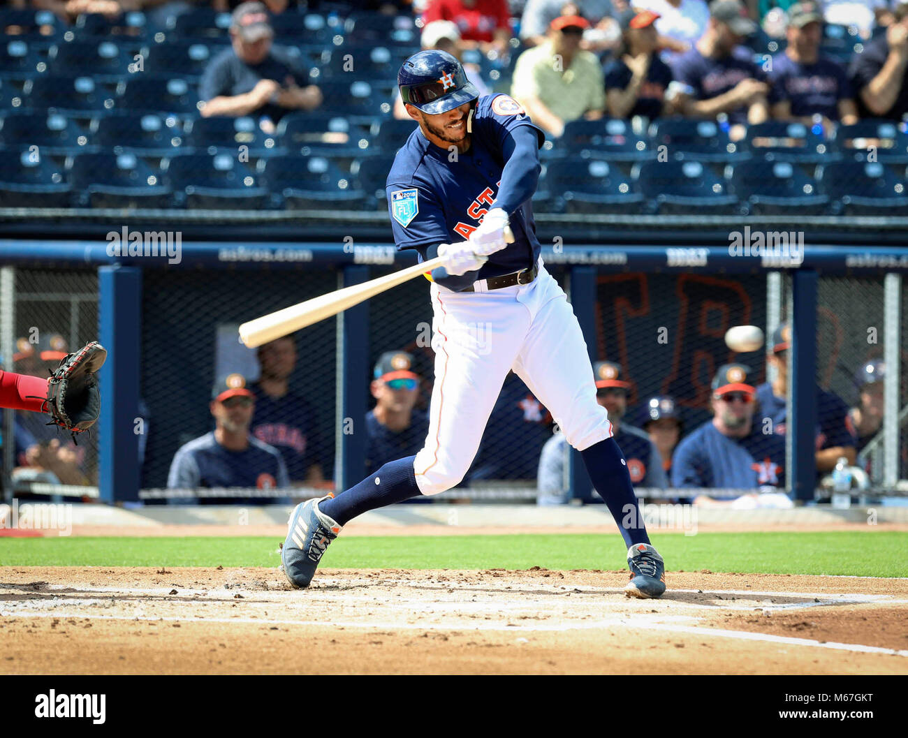 Florida, USA. 1st Mar, 2018. Houston Astros' #1 Carlos Correa swings at a pitch during a spring training game between the Houston Astros and Boston Red Sox at the Ballpark of the Palm Beaches Thursday, March 1, 2018. Credit: Bruce R. Bennett/The Palm Beach Post/ZUMA Wire/Alamy Live News Stock Photo