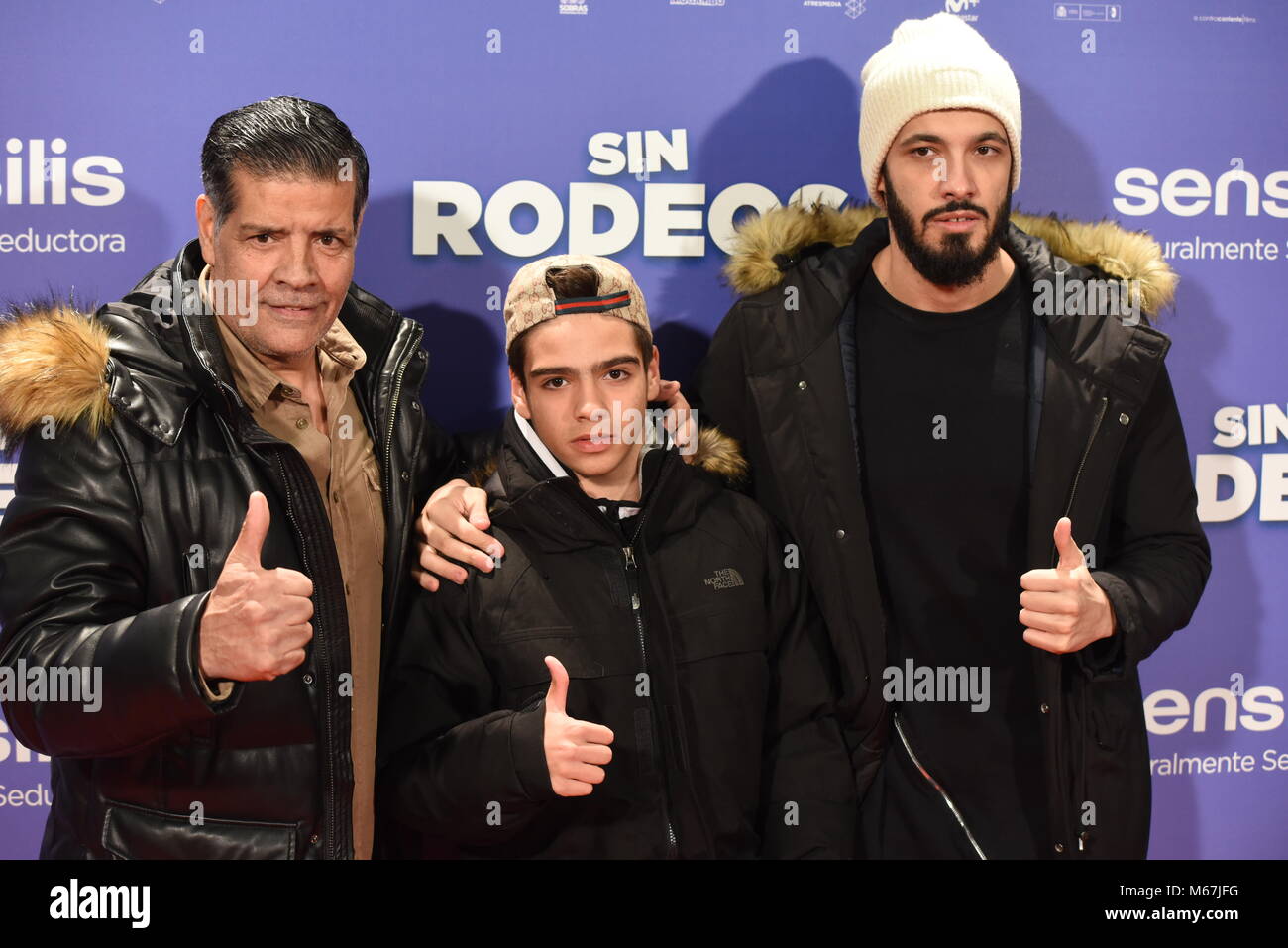 Madrid, Spain. 28th Feb, 2018. The Spanish singer Emilio González García (left) poses, with his sons, for media during a photocall for the premiere of 'Sin Rodeos' at Capitol cinema in Madrid. Credit: Jorge Sanz/Pacific Press/Alamy Live News Stock Photo