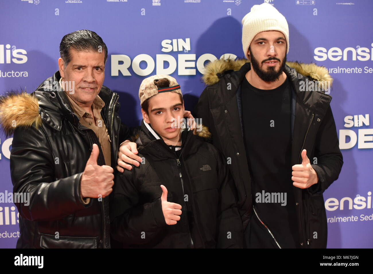 Madrid, Spain. 28th Feb, 2018. The Spanish singer Emilio González García (left) poses, with his sons, for media during a photocall for the premiere of 'Sin Rodeos' at Capitol cinema in Madrid. Credit: Jorge Sanz/Pacific Press/Alamy Live News Stock Photo