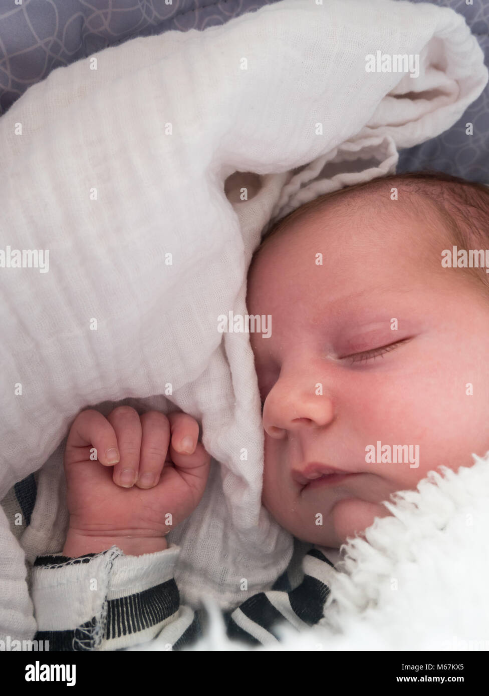 Newborn baby sleeping in bed Stock Photo Alamy