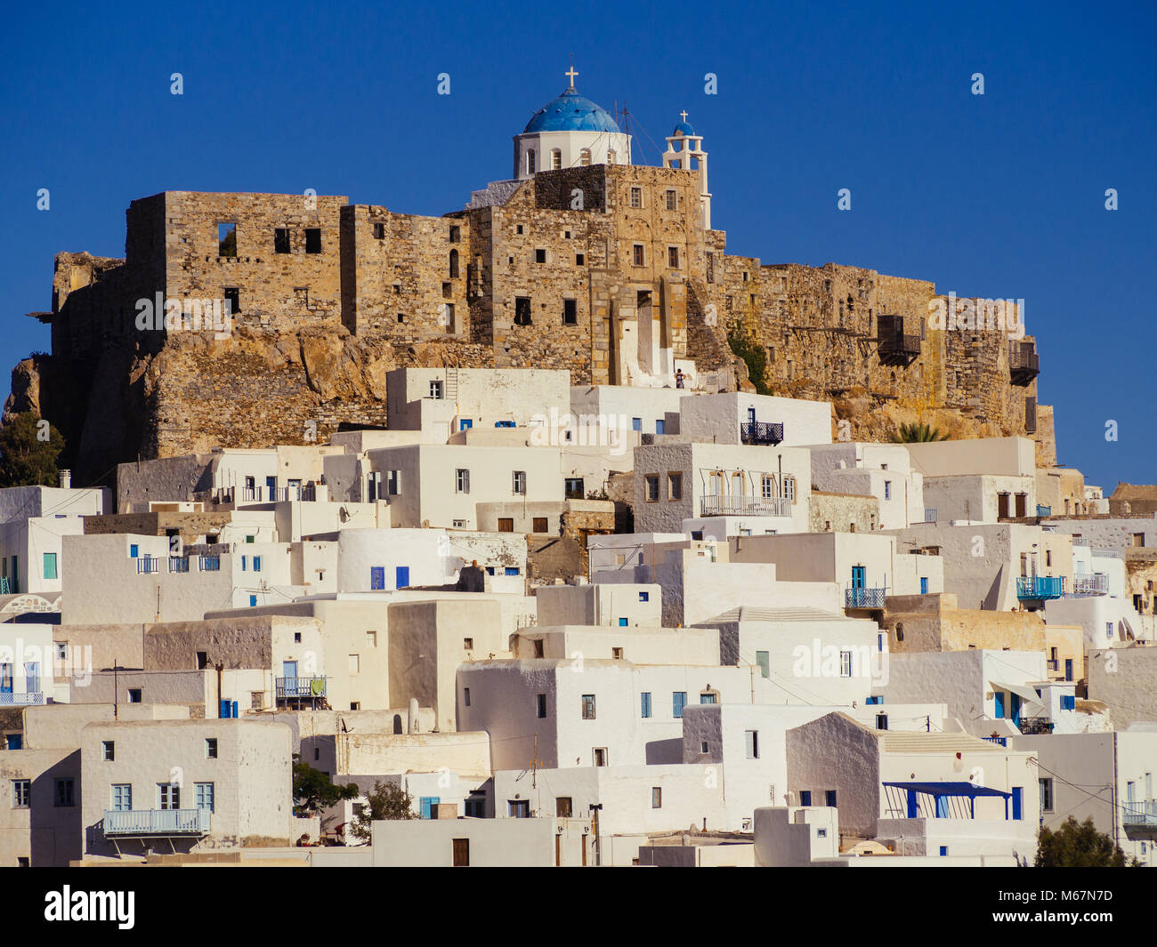 Chora of Astypapaia island ,Greece at daytime a close up of the white houses that encircle the castle Stock Photo