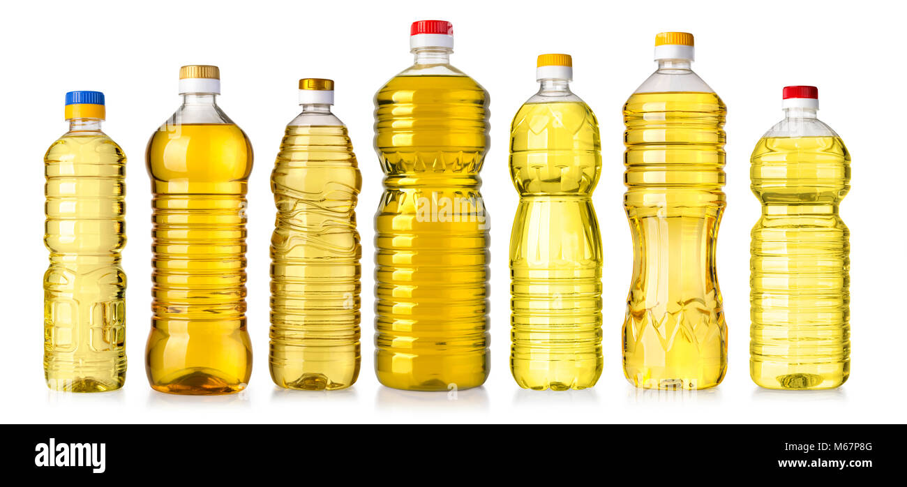 set of vegetable or sunflower oil in plastic bottle isolated on white ...