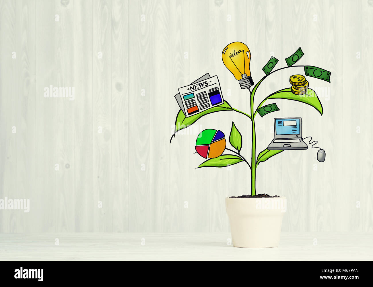 Drawn income tree in white pot for business investment savings and ...