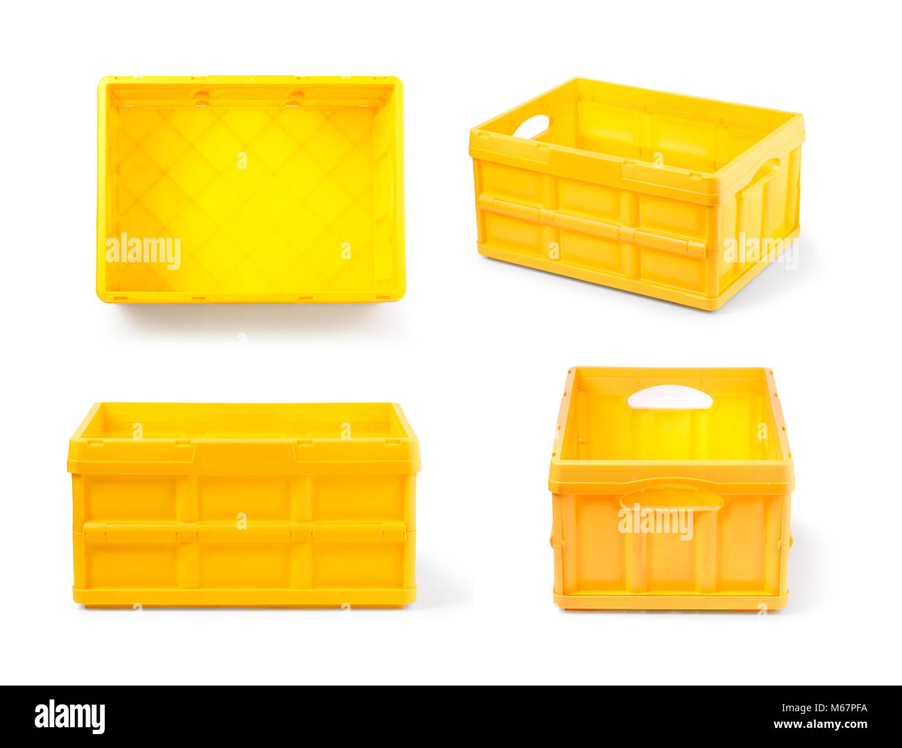 Empty yellow plastic crate isolated over white background Stock Photo