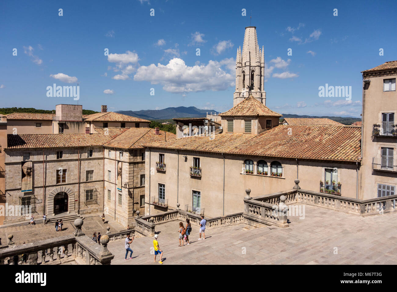 Old Town of Girona's skyline with Basilica de Saint Feliu in the background, Catalonia, Spain Stock Photo