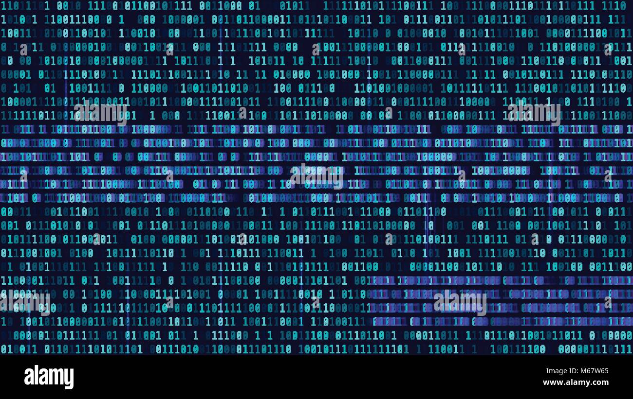 Binary code, blue digits on the computer screen. Figures with the ...