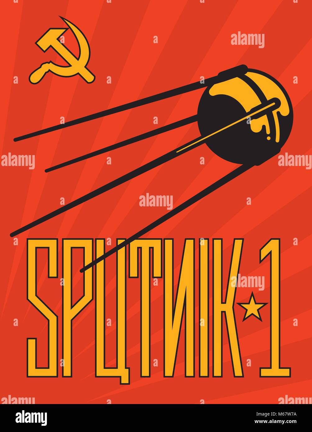 Retro Sputnik Satellite Vector Design. Vintage style Russian Sputnik 1 propaganda style poster design with cyrillic alphabet style lettering. Stock Vector