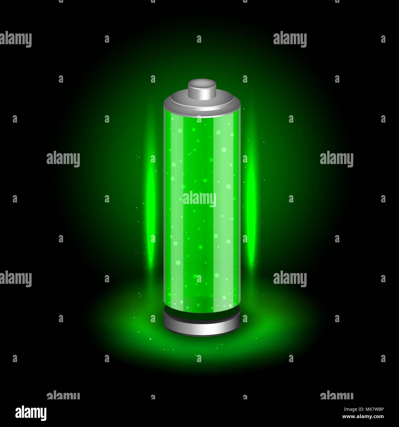 Charged battery icon on black dark background. Glossy accumulator with full green indicator color charge. Easy to edit width height thickness Stock Vector
