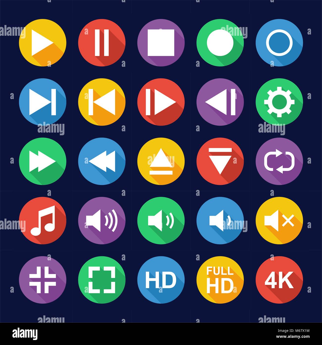 Video Or Music Or Camera Button Icons Flat Design Circle Stock Vector