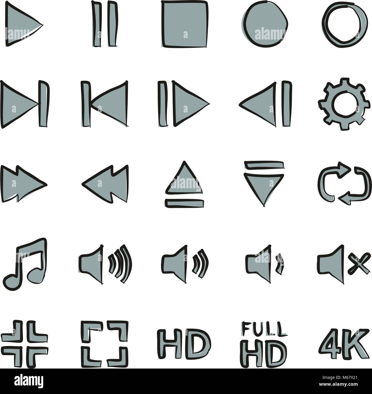 Video Or Music Or Camera Button Icons Freehand 2 Color Stock Vector