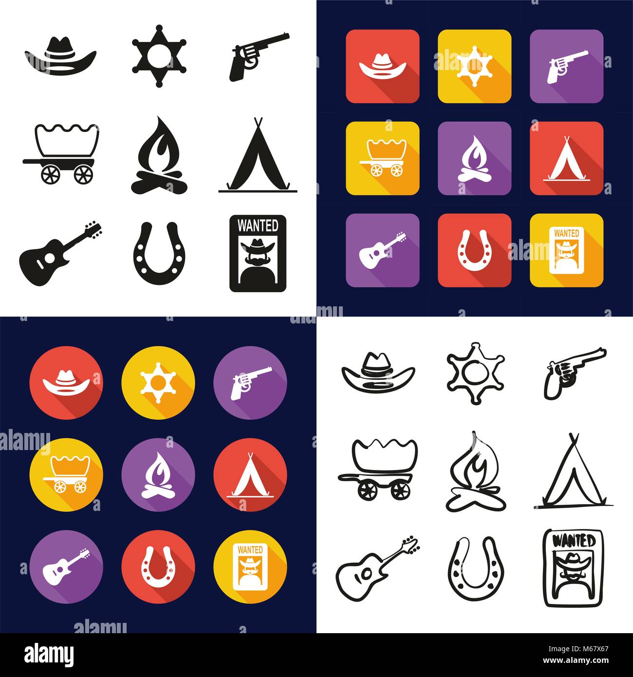 Wild West All in One Icons Black & White Color Flat Design Freehand Set ...